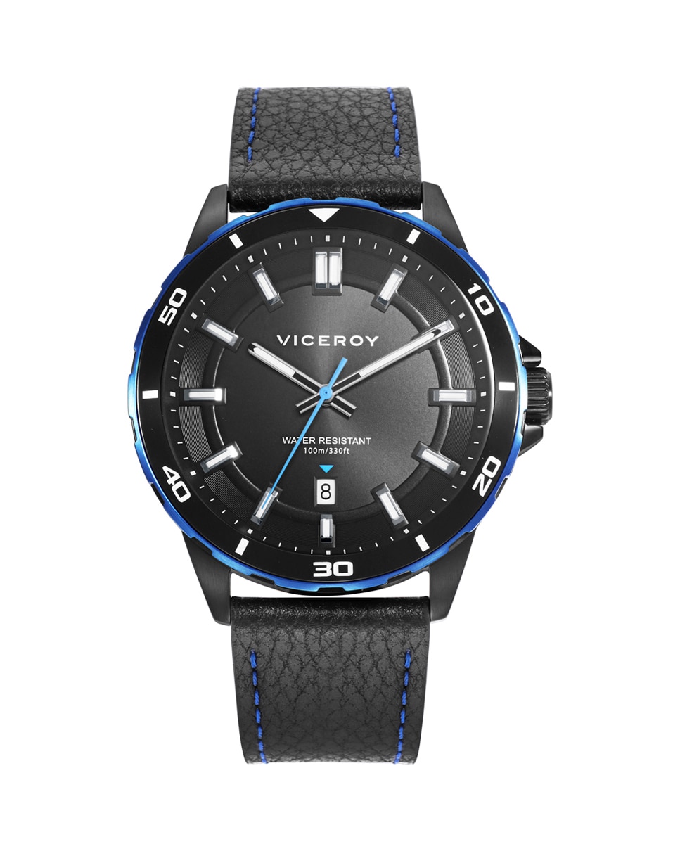 Relógio Analógico Magnum Bicolor em Ip Preto e Azul com Bracelete de Pele em Preto Azul-1