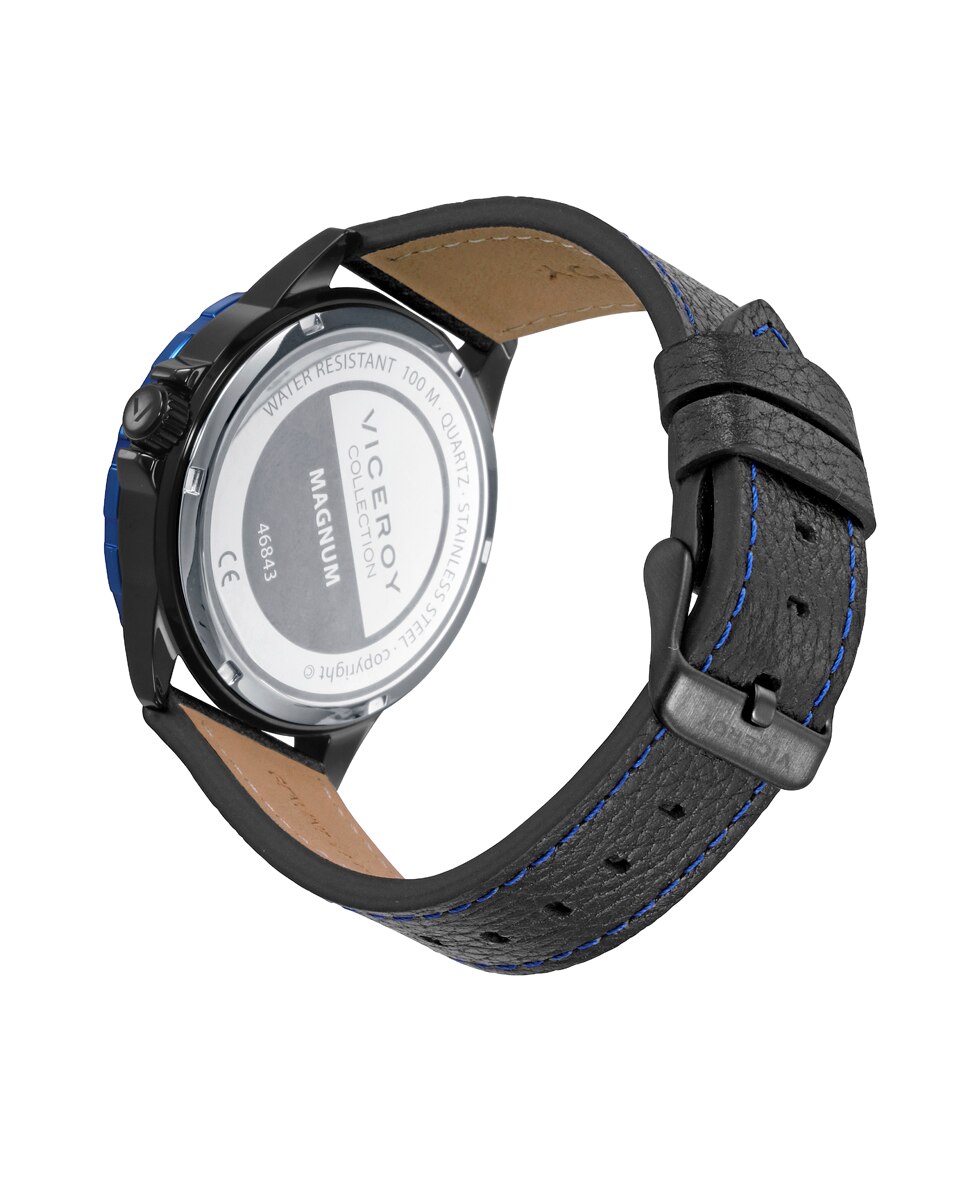 Relógio Analógico Magnum Bicolor em Ip Preto e Azul com Bracelete de Pele em Preto Azul-2