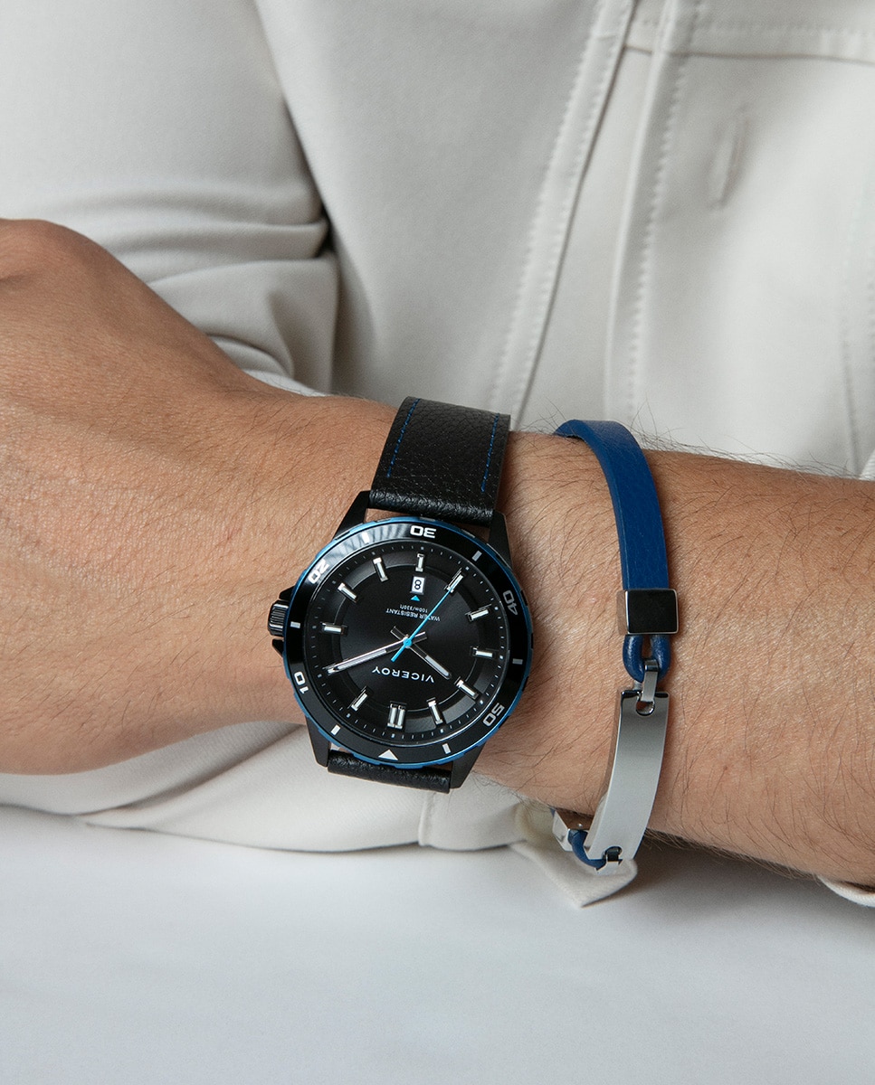 Relógio Analógico Magnum Bicolor em Ip Preto e Azul com Bracelete de Pele em Preto Azul-4