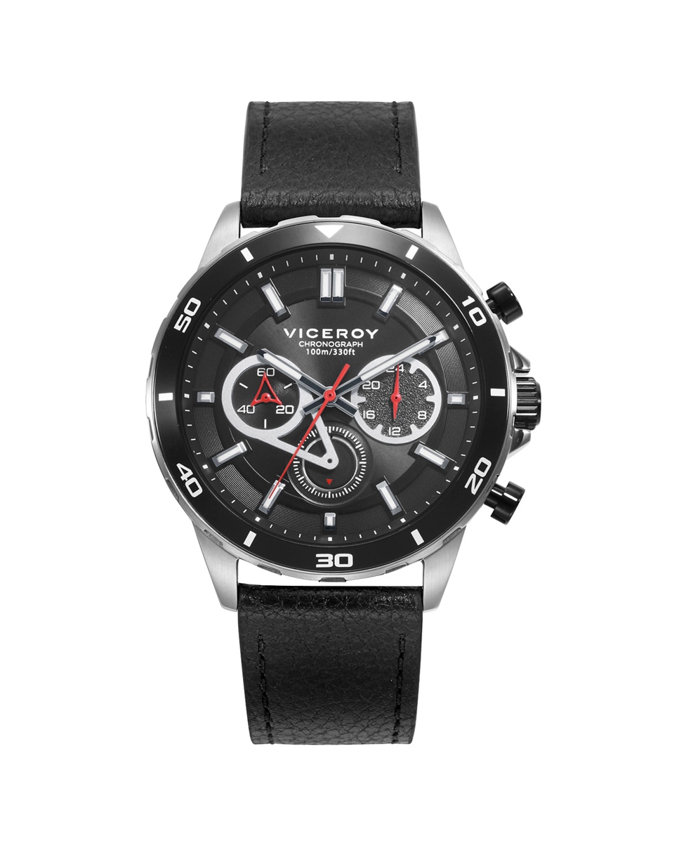 Relógio Analógico Magnum com Caixa de Aço e Bracelete de Pele em Preto Prata / Vermelho-1