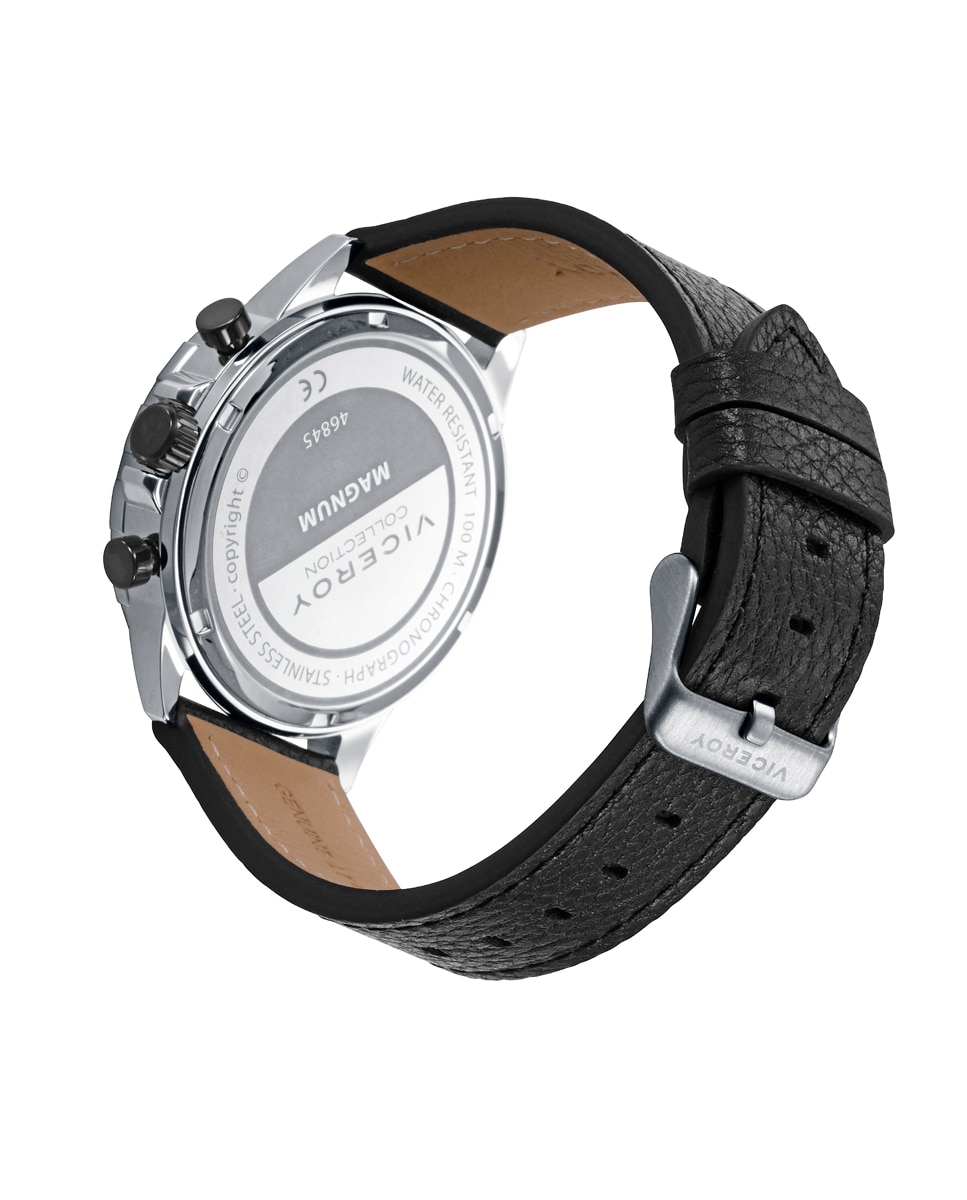 Relógio Analógico Magnum com Caixa de Aço e Bracelete de Pele em Preto Prata / Vermelho-2