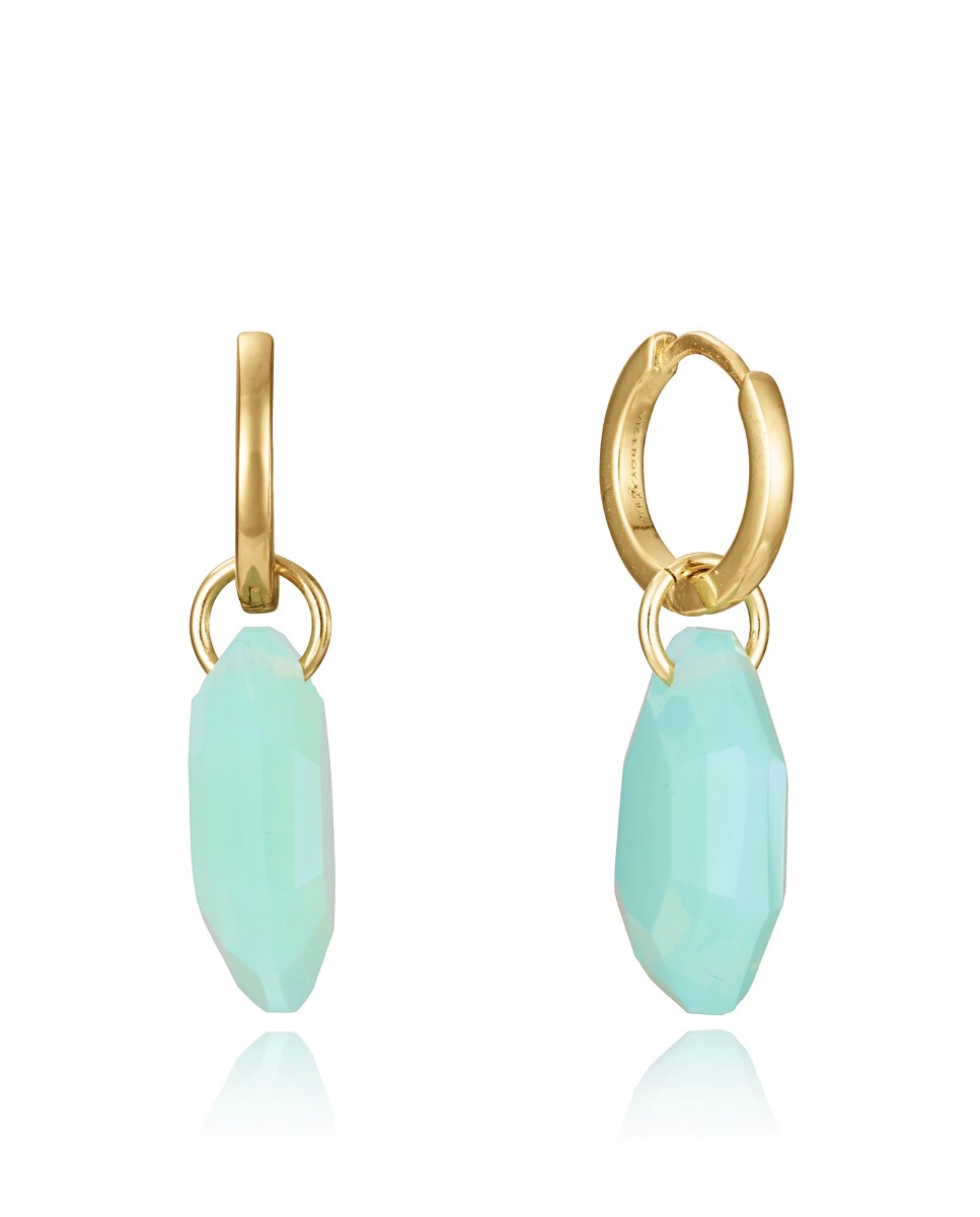 Brincos de Prata de Primeira Lei Elegant com Banho de Ouro e Argola com Pingente de Cristal Verde Verde Água-1