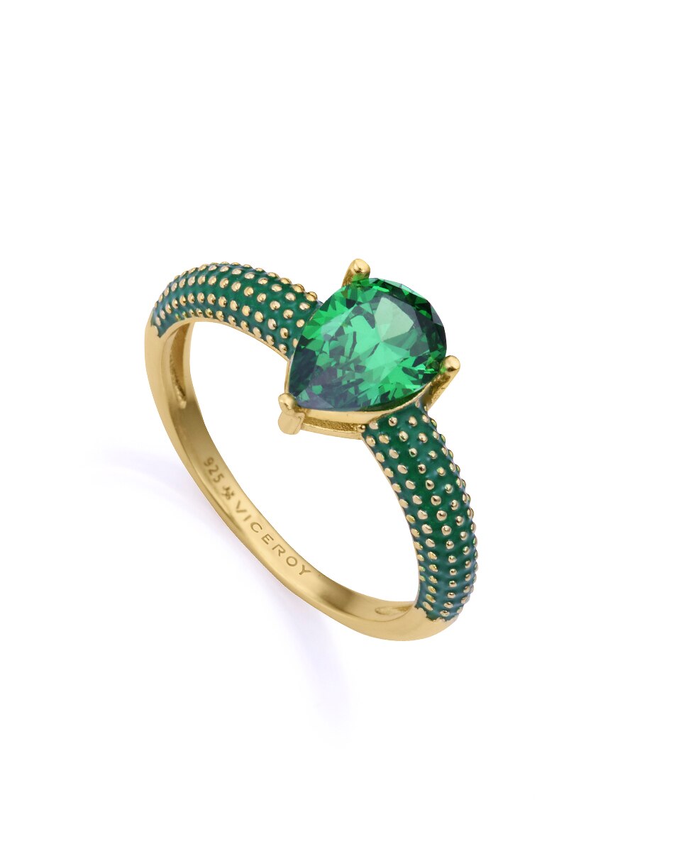 Anel de Prata de Primeira Lei Elegant com Banho de Ouro com Esmalte e Zirconita Verde Verde-1