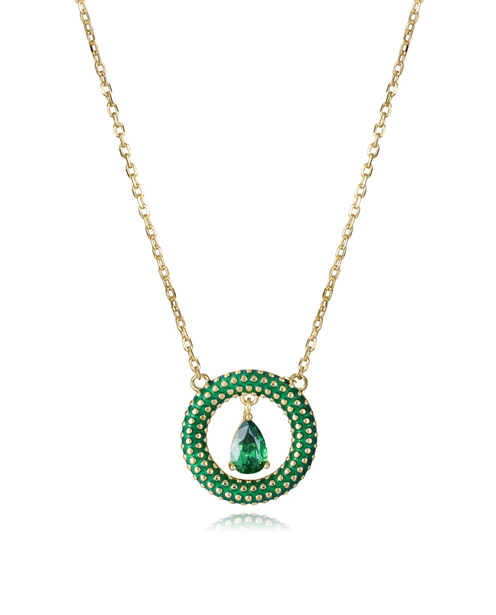 Colar de Prata de Primeira Lei Elegant com Banho de Ouro e Argola Verde-1
