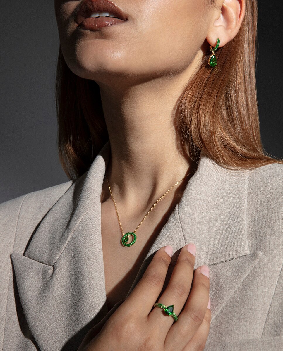 Colar de Prata de Primeira Lei Elegant com Banho de Ouro e Argola Verde-2