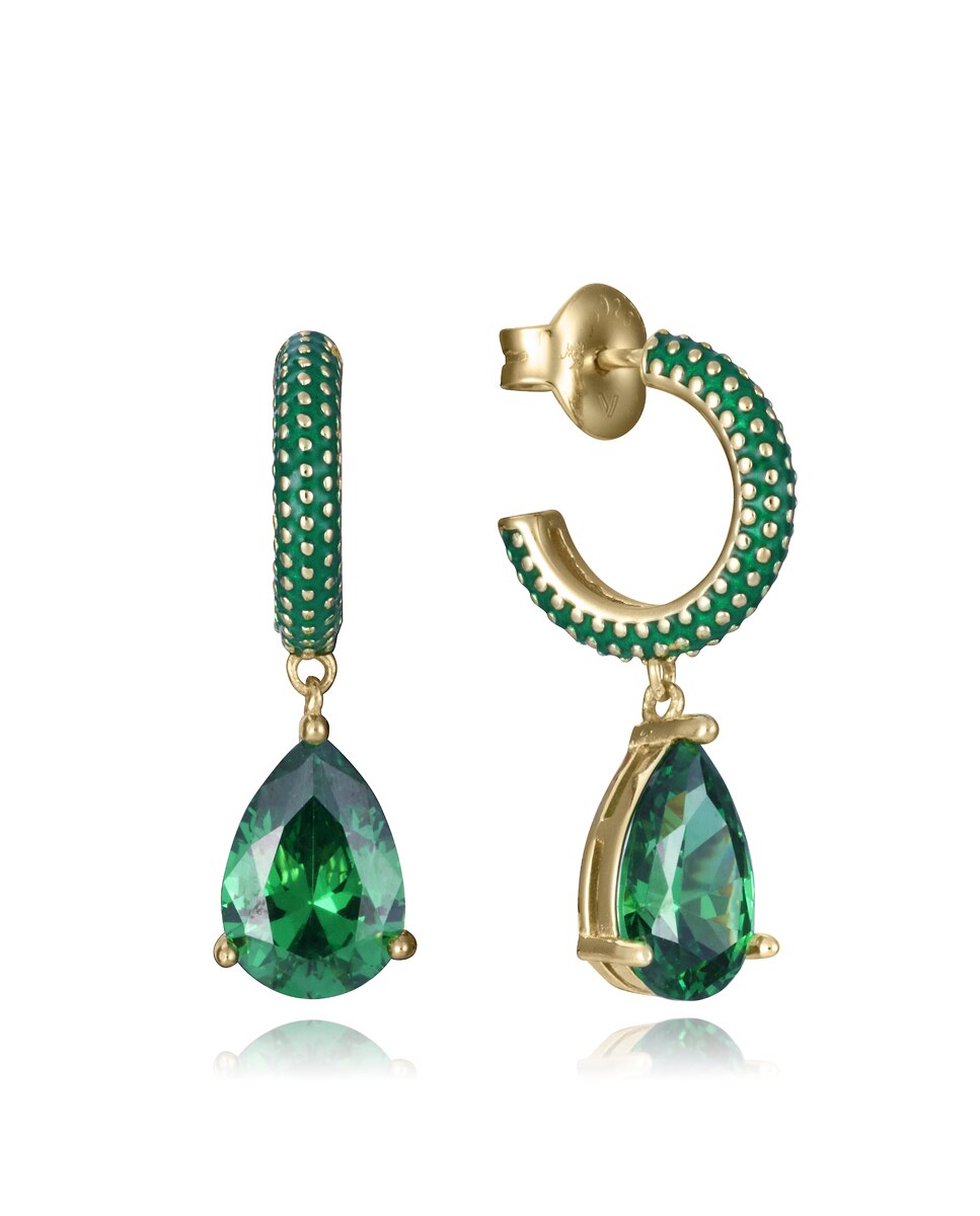 Brincos de Prata de Primeira Lei Elegant com Banho de Ouro e Argola Aberta Verde-1