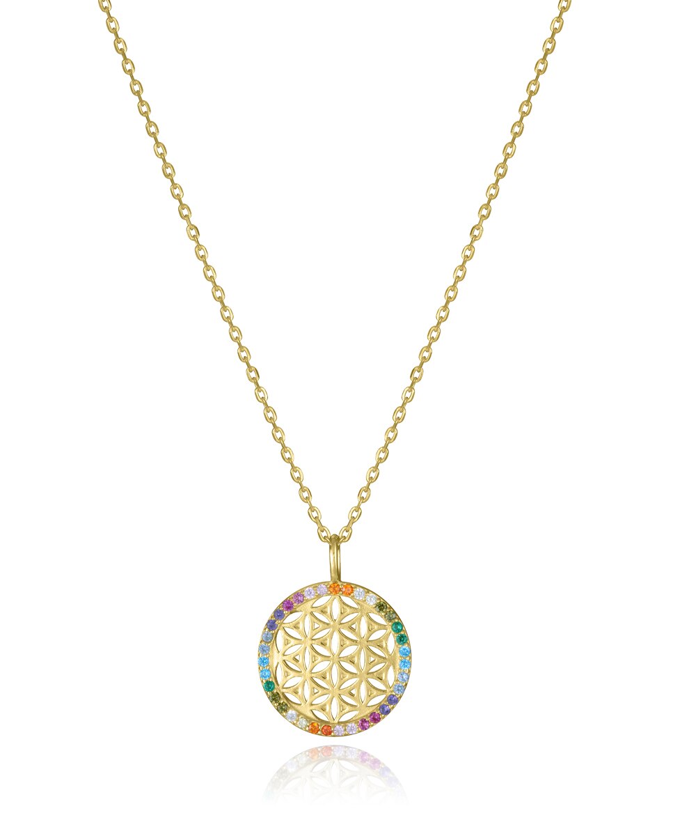 Colar de Prata de Primeira Lei Elegant com Banho de Ouro e Pendente Redondo Multicolor-1