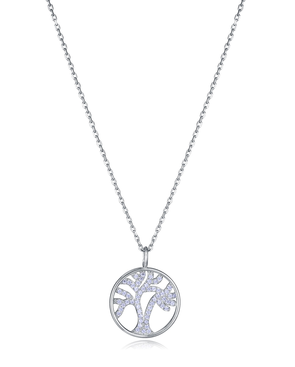 Colar de Prata de Primeira Lei Elegant com Banho de Ródio e Pendentes Da Árvore Da Vida Prateado-1