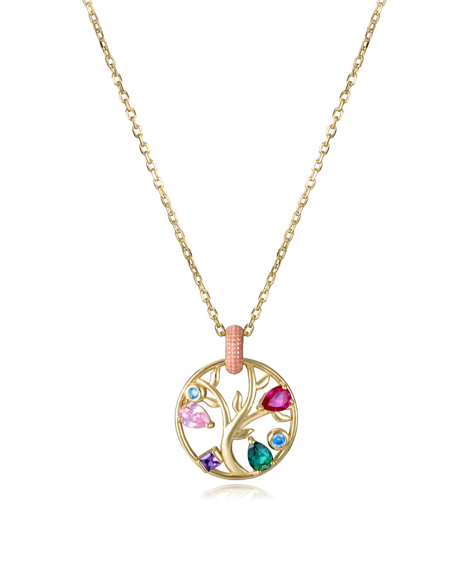 Colar de Prata de Primeira Lei Elegant com Banho de Ouro e Aro com a Árvore Da Vida Multicolor-1