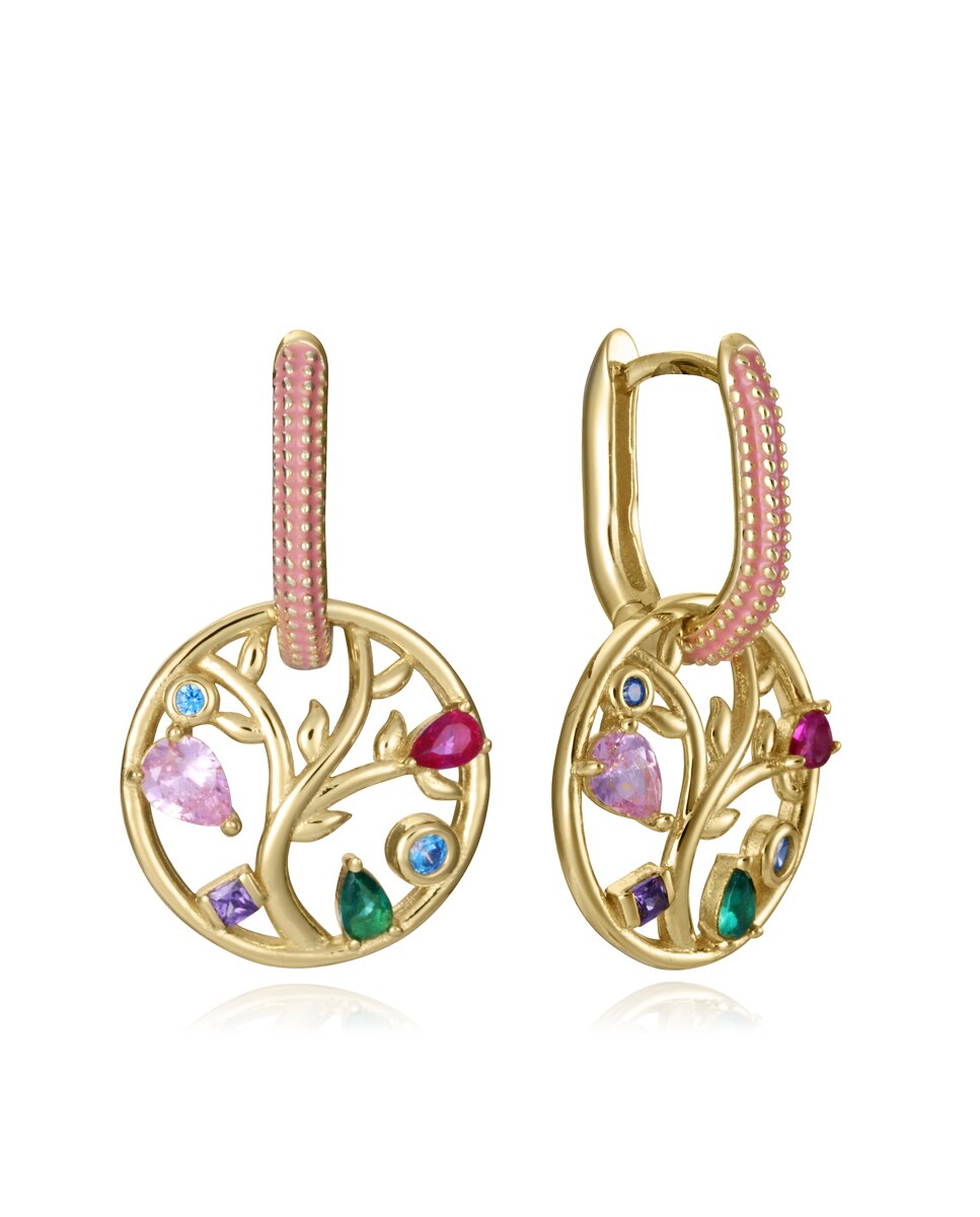 Brincos de Prata de Primeira Lei Elegant com Banho de Ouro e Argola com Árvore Da Vida Multicolor-1