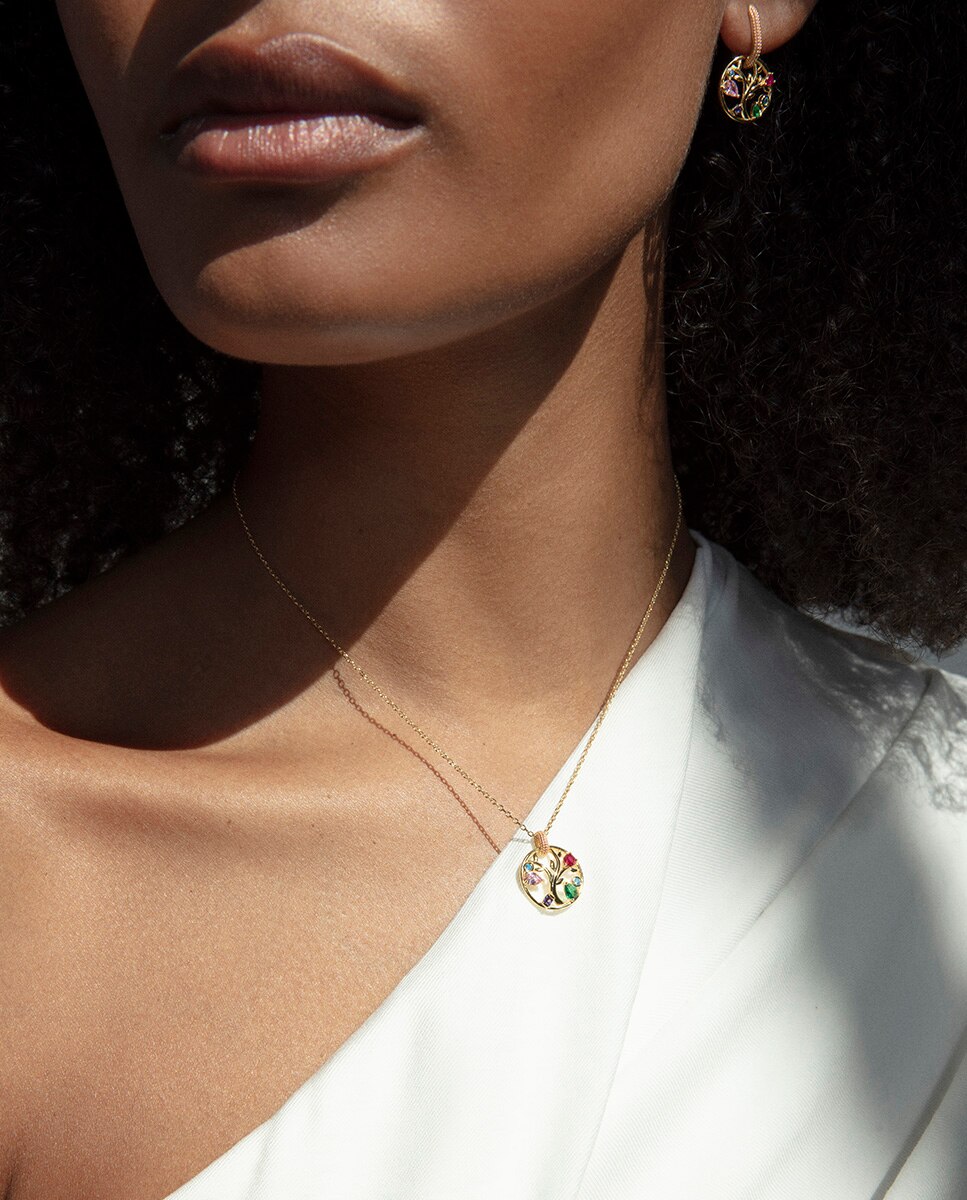 Brincos de Prata de Primeira Lei Elegant com Banho de Ouro e Argola com Árvore Da Vida Multicolor-2