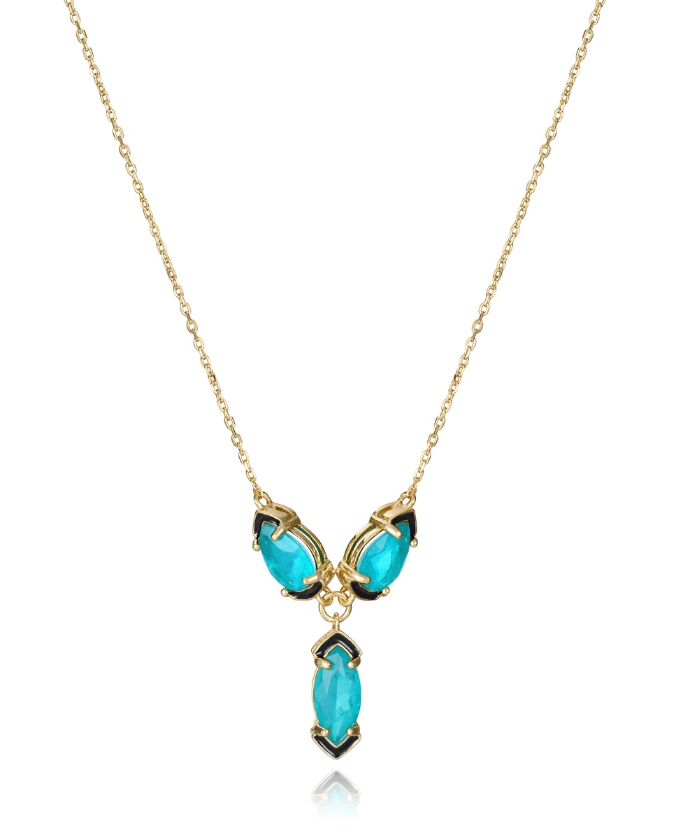 Colar de Prata de Primeira Lei Elegant com Banho de Ouro com Três Cristais Verdes Azul / Preto-1