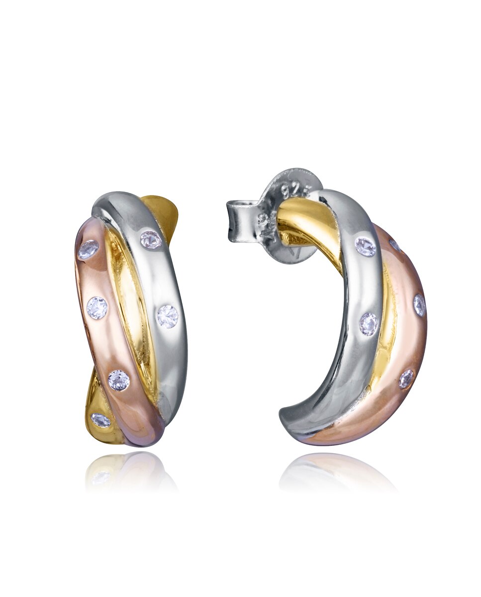 Brincos de Prata de Primeira Lei Elegant com Banho de Ouro Três Argolas Abertas Multicolor-1