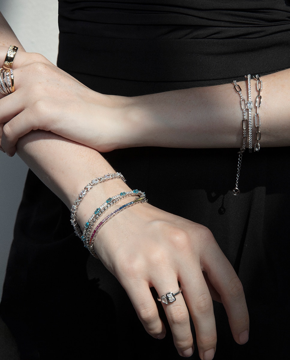 Pulseira de Prata de Primeira Lei Elegant com Banho de Ródio e Fila de Zirconitas Prateado-4