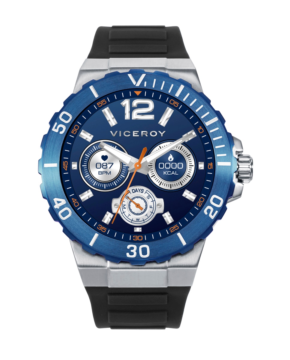 Smartwatch de Aço com Bisel Ip Azul e Bracelete de Silicone Preta Azul-1