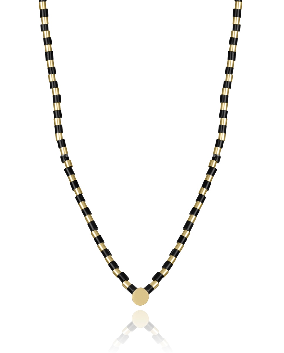 Colar Chic de Aço Ip Dourado com Pedras Naturais Preto / Amarelo-1
