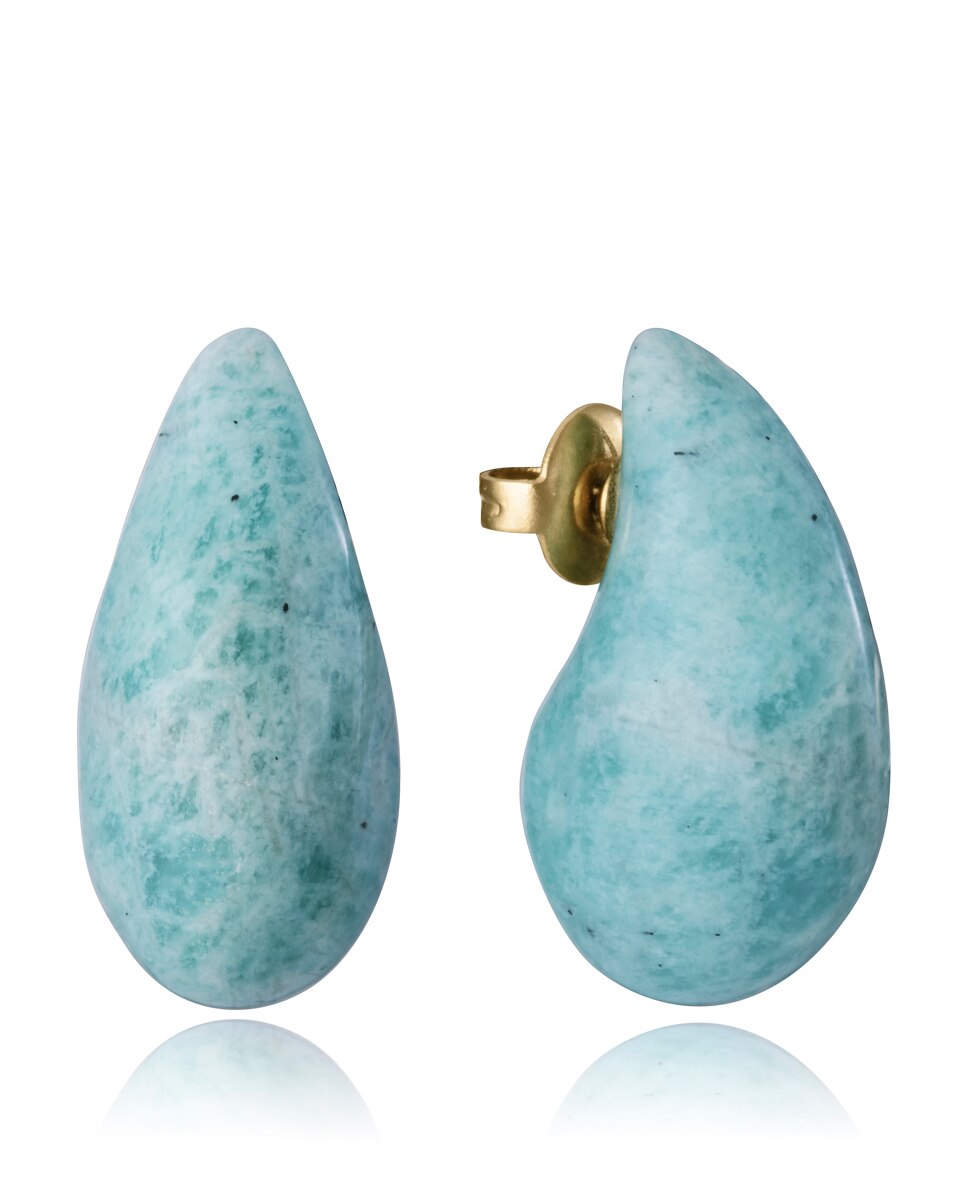 Brincos Chic de Aço Ip Dourado e Pedra Natural Verde Água-1