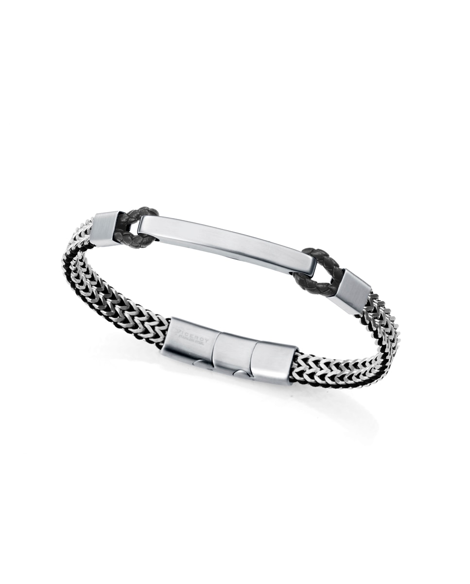 Pulseira Magnum de Aço Entrançada com Pele Preta Preto / Prata-1