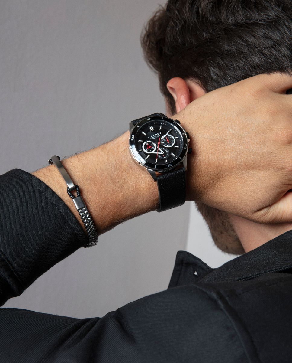 Pulseira Magnum de Aço Entrançada com Pele Preta Preto / Prata-3