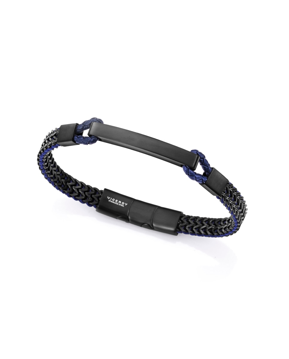 Pulseira Magnum de Aço Ip em Preto Entrançada com Pele em Azul Preto / Azul-1