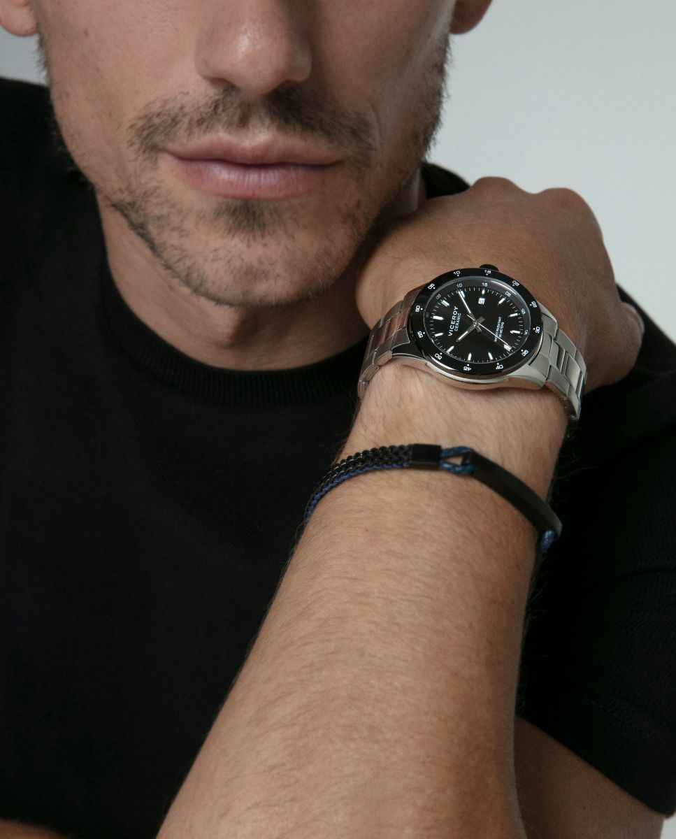 Pulseira Magnum de Aço Ip em Preto Entrançada com Pele em Azul Preto / Azul-2