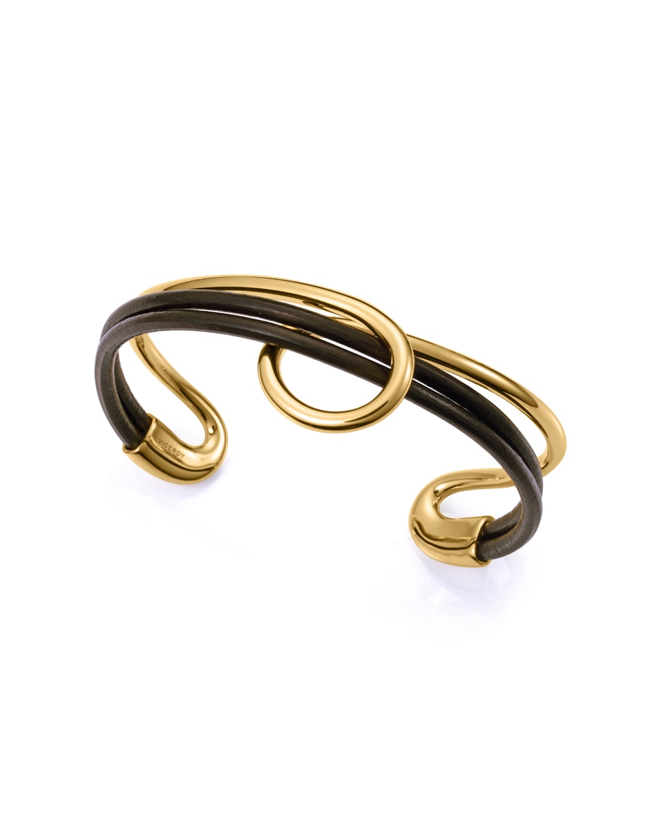Pulseira Dupla Chic de Aço Ip Dourado e Pele em Preto Dourado-1