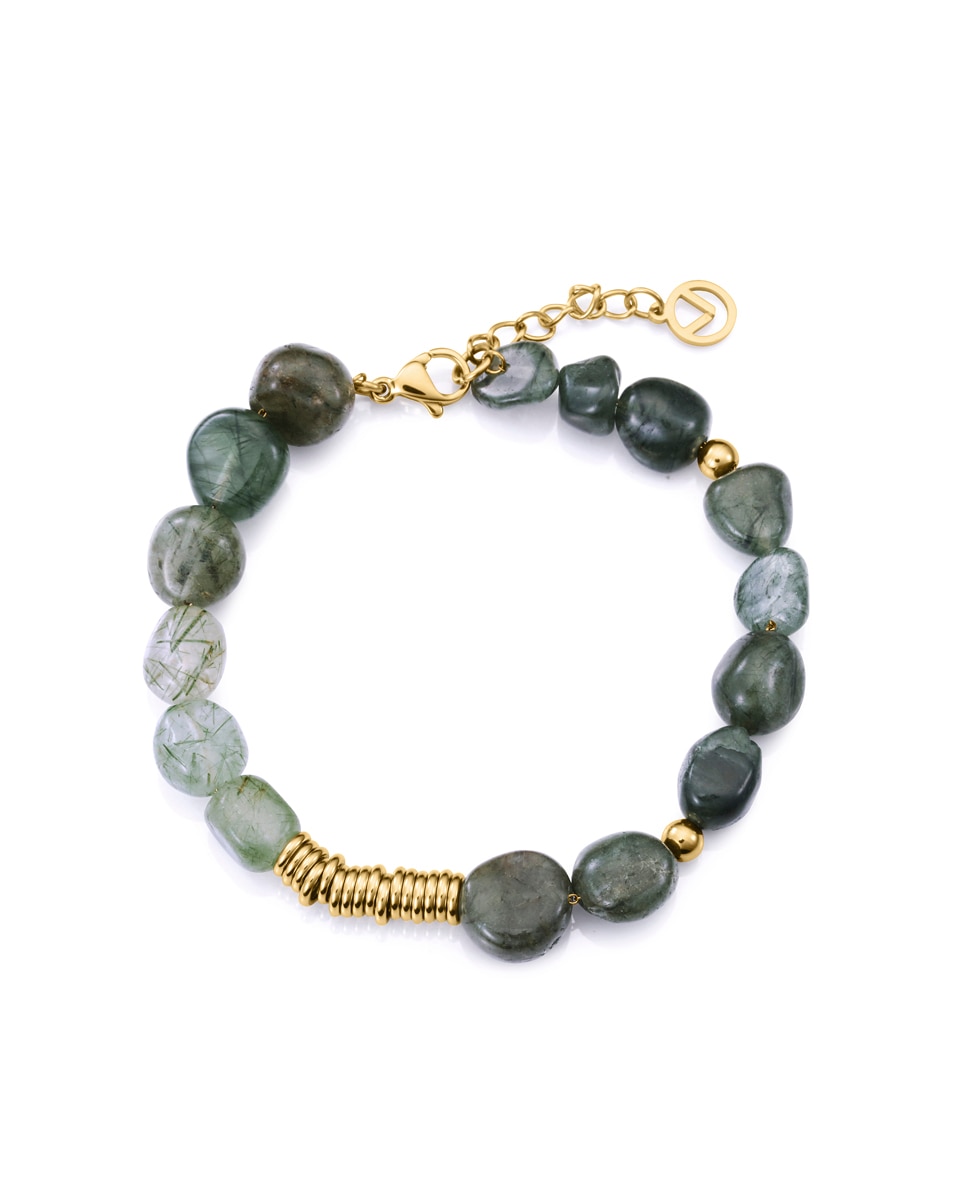 Pulseira Chic de Aço Ip Dourado e Pedras Naturais Verde-1
