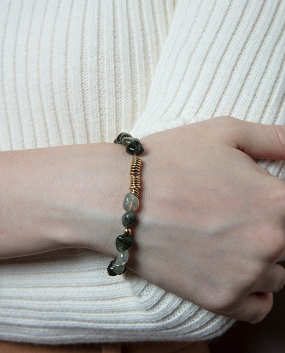 Pulseira Chic de Aço Ip Dourado e Pedras Naturais Verde-2