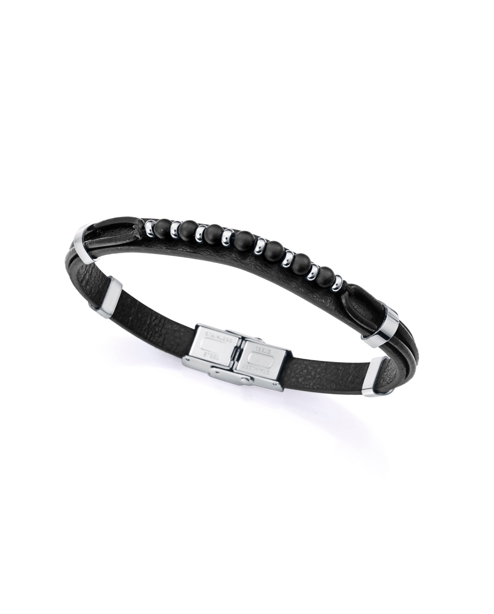 Pulseira Magnum de Aço e Pele em Preto Preto / Prata-1
