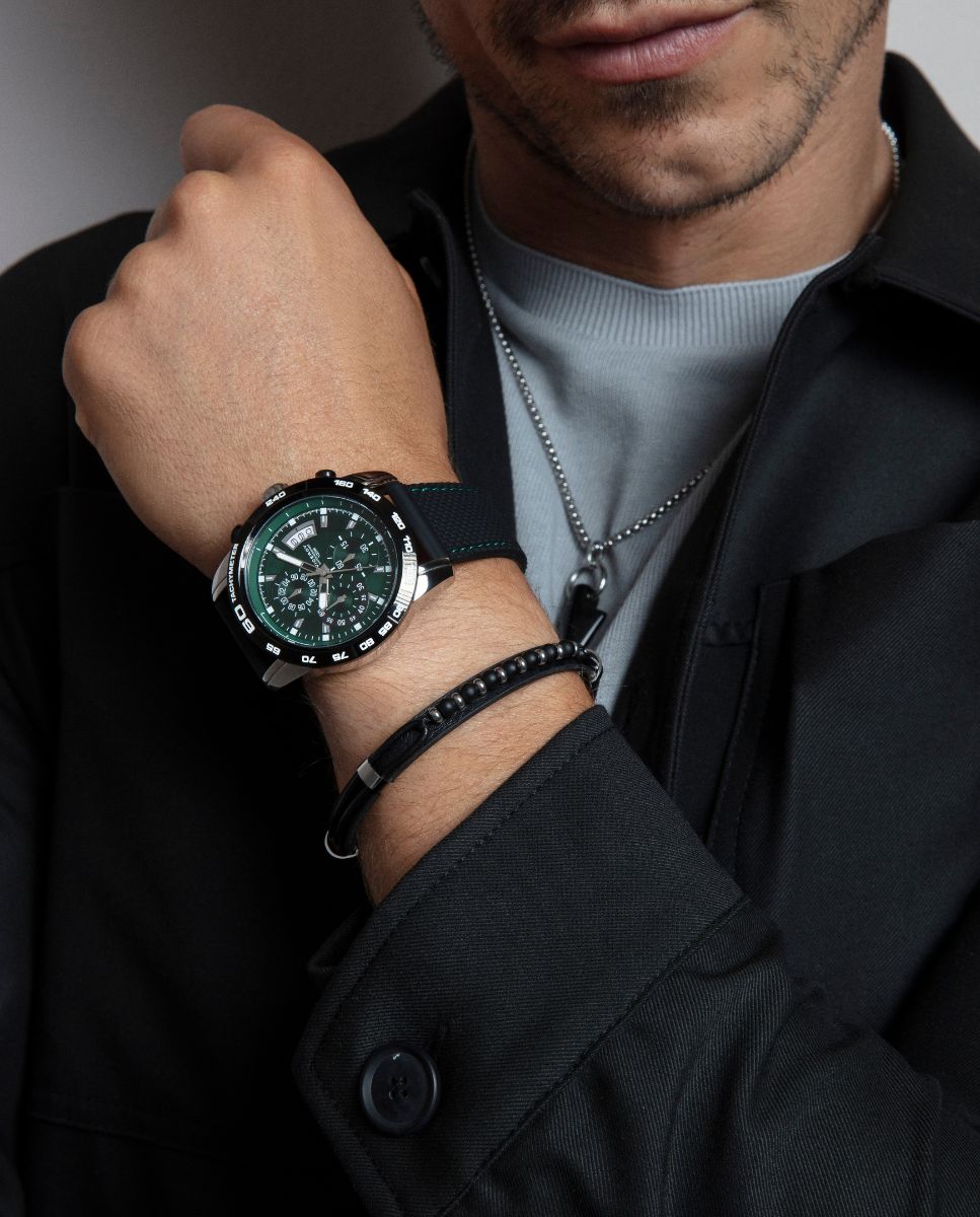 Pulseira Magnum de Aço e Pele em Preto Preto / Prata-2