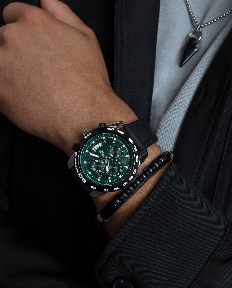 Pulseira Magnum de Aço e Pele em Preto Preto / Prata-3