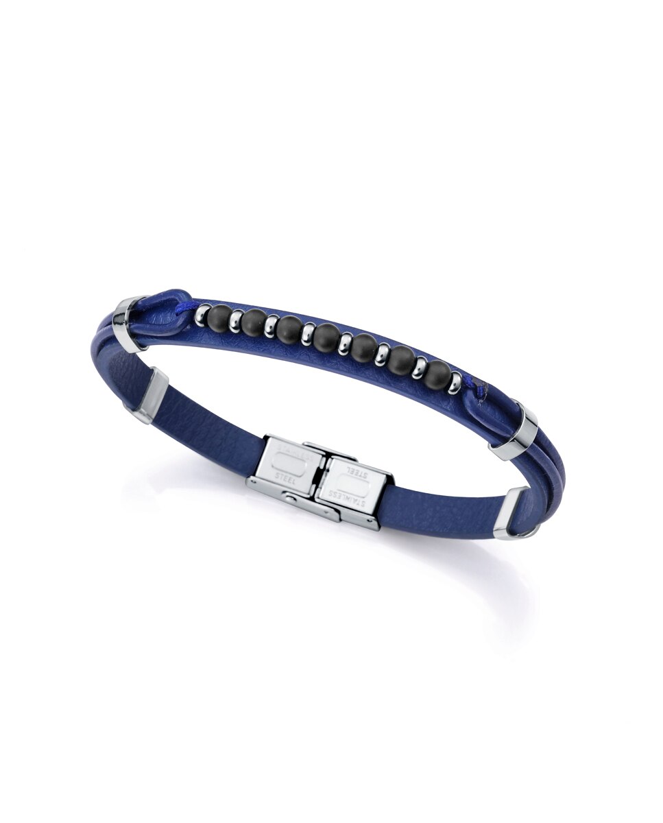 Pulseira Magnum de Aço e Pele Azul Azul / Preto-1