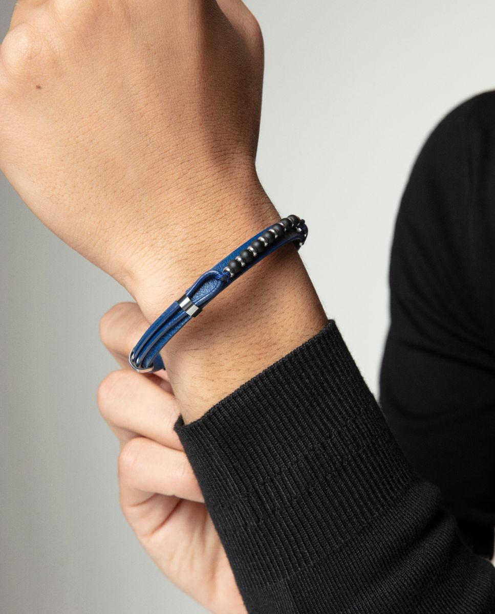 Pulseira Magnum de Aço e Pele Azul Azul / Preto-2