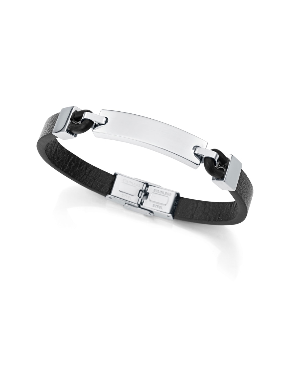Pulseira Magnum de Aço e Pele Castanha Preto / Prata-1