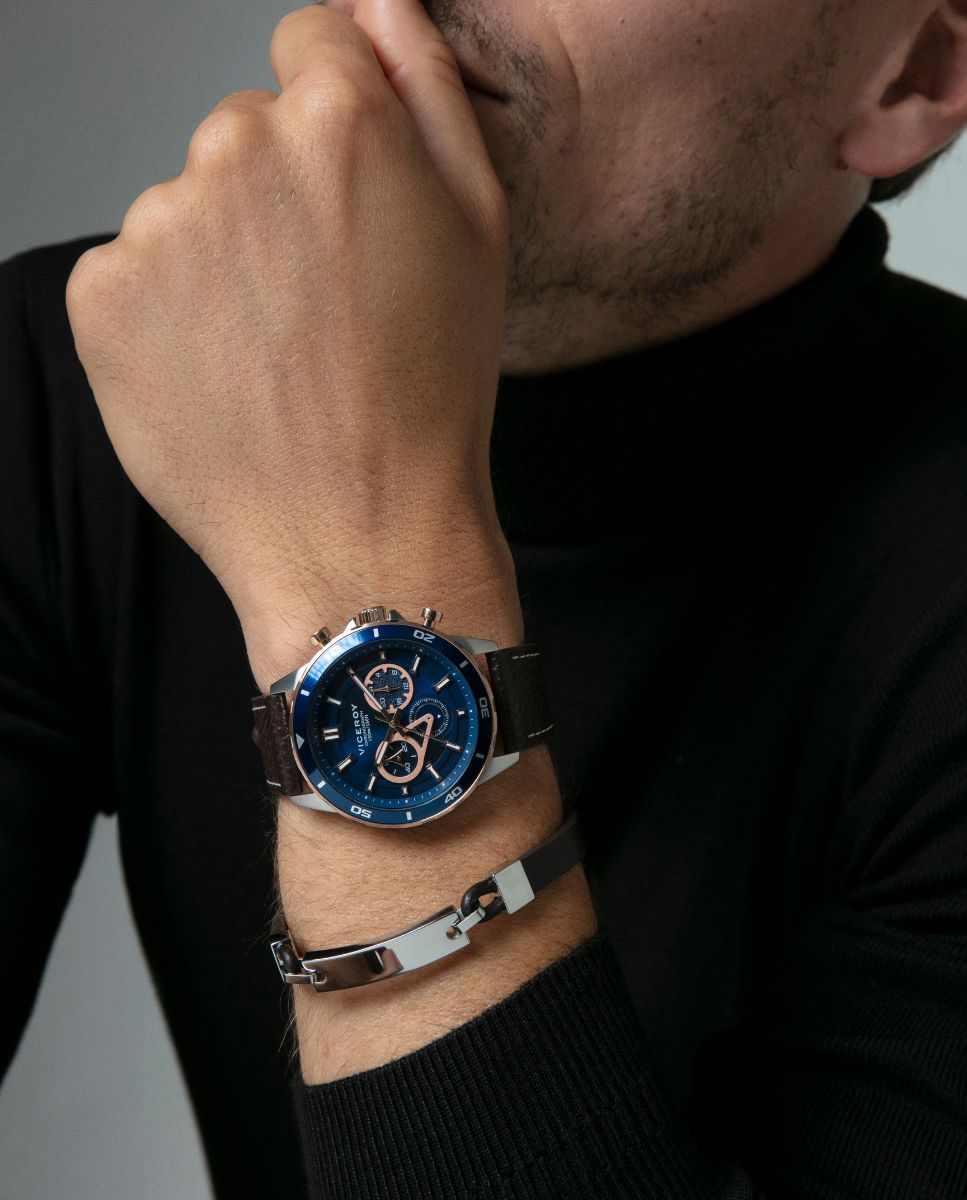 Pulseira Magnum de Aço e Pele Castanha Preto / Prata-3