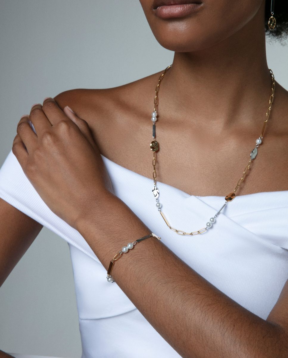 Pulseira de Elos Chic de Aço Ip Dourado com Pérolas Sintéticas Ouro / Prata-2