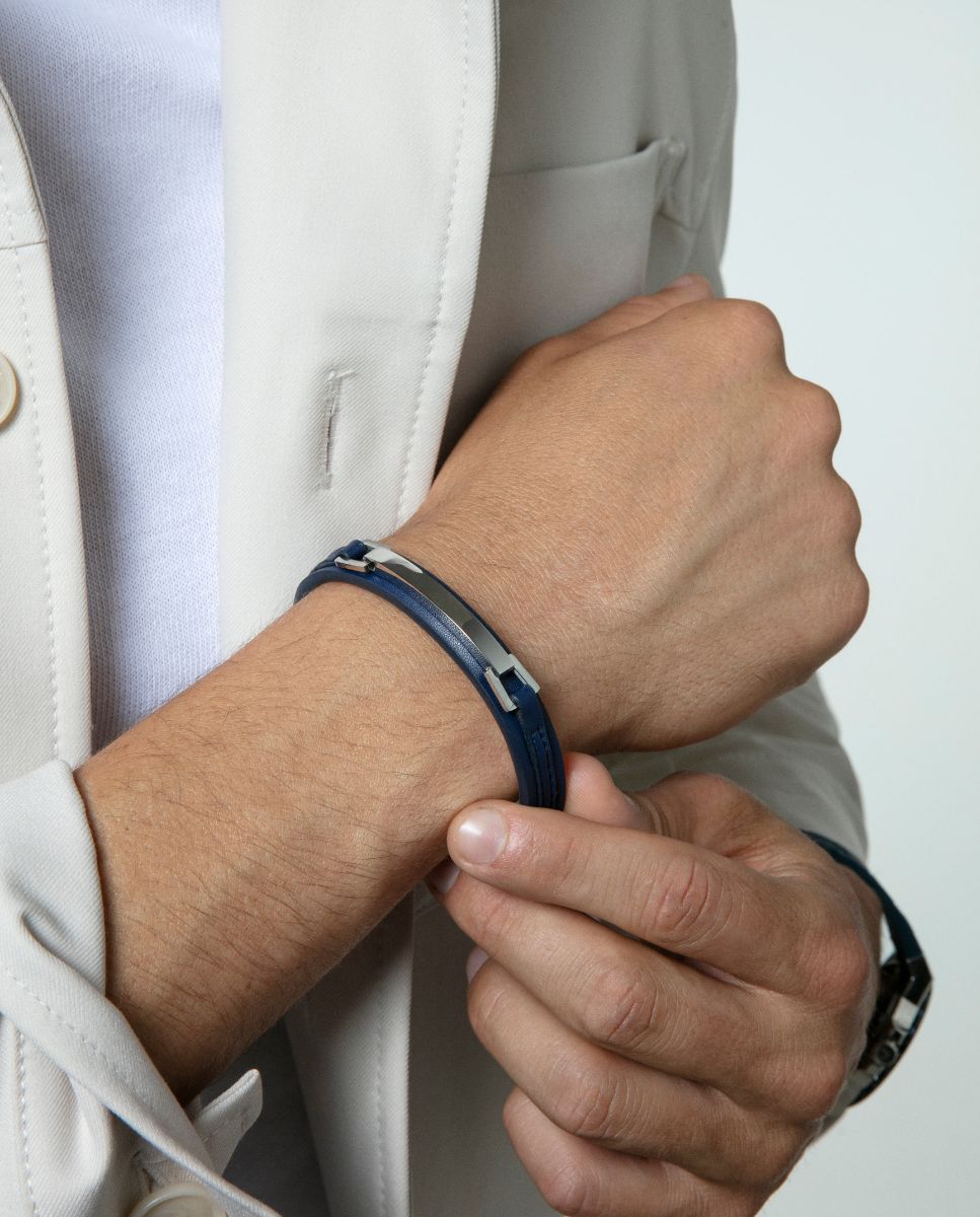 Pulseira Magnum de Aço e Pele Azul Azul-2