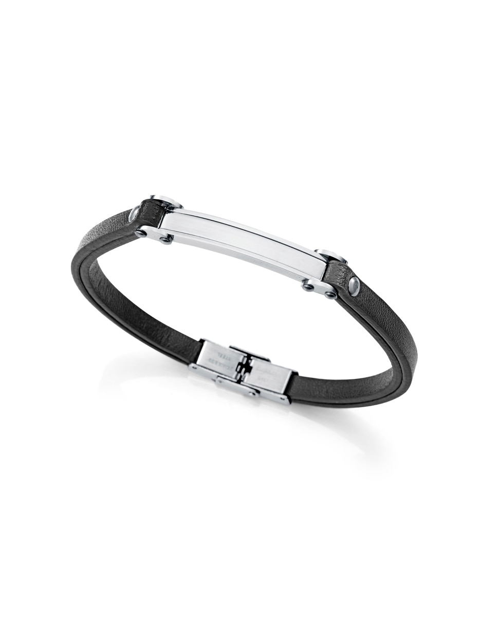 Pulseira Magnum de Aço e Pele em Preto Preto / Crómio-1