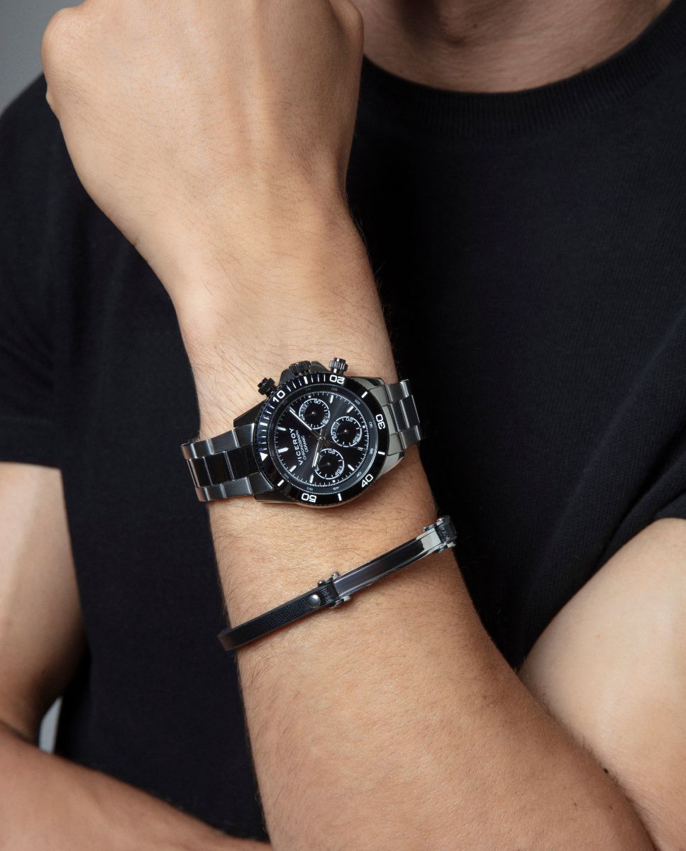 Pulseira Magnum de Aço e Pele em Preto Preto / Crómio-2