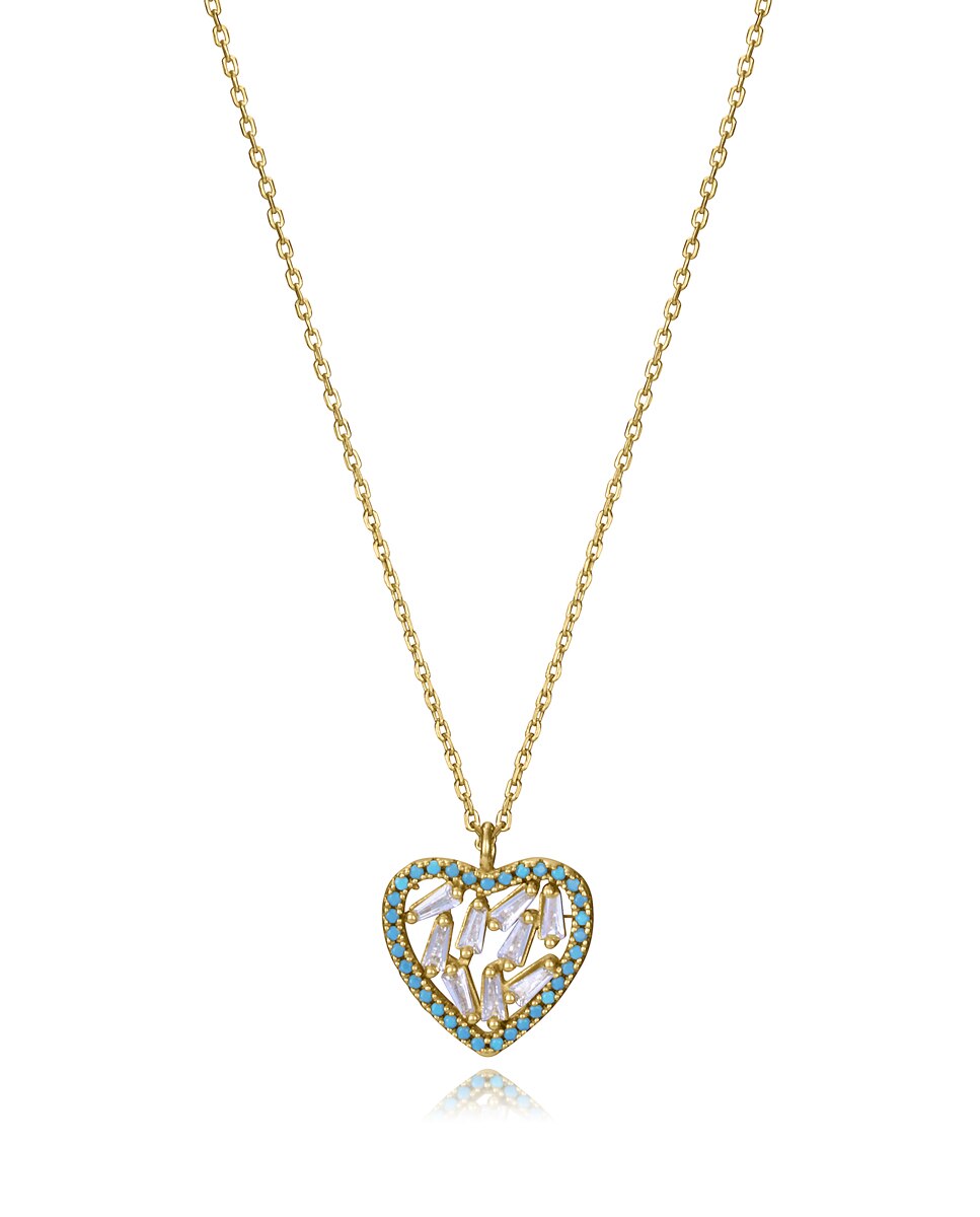 Colar de Prata de Primeira Lei com Banho de Ouro e Coração com Zircónias Azul / Branco-1