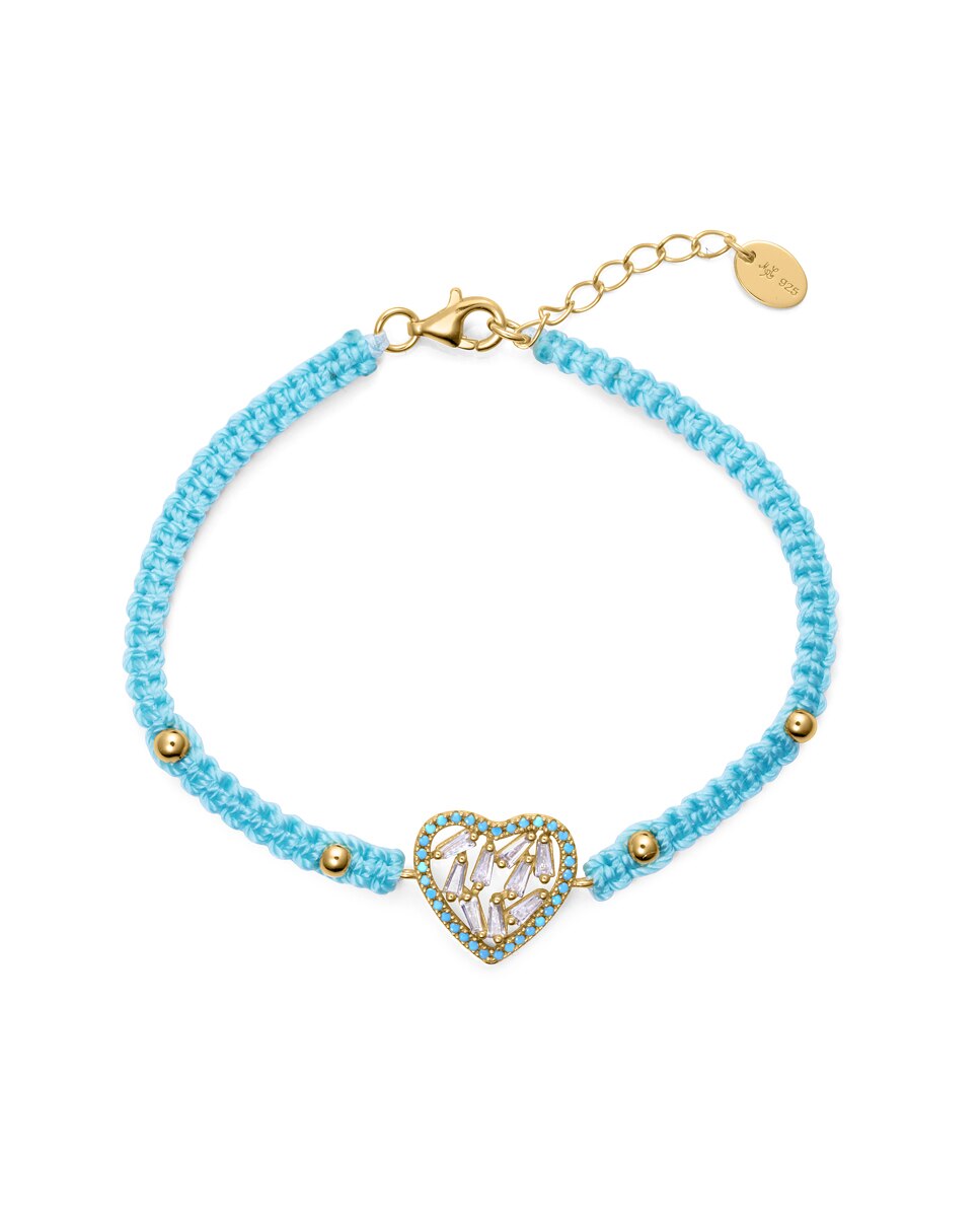 Pulseira de Prata de Primeira Lei com Banho de Ouro e Macramé Azul Azul-claro-1