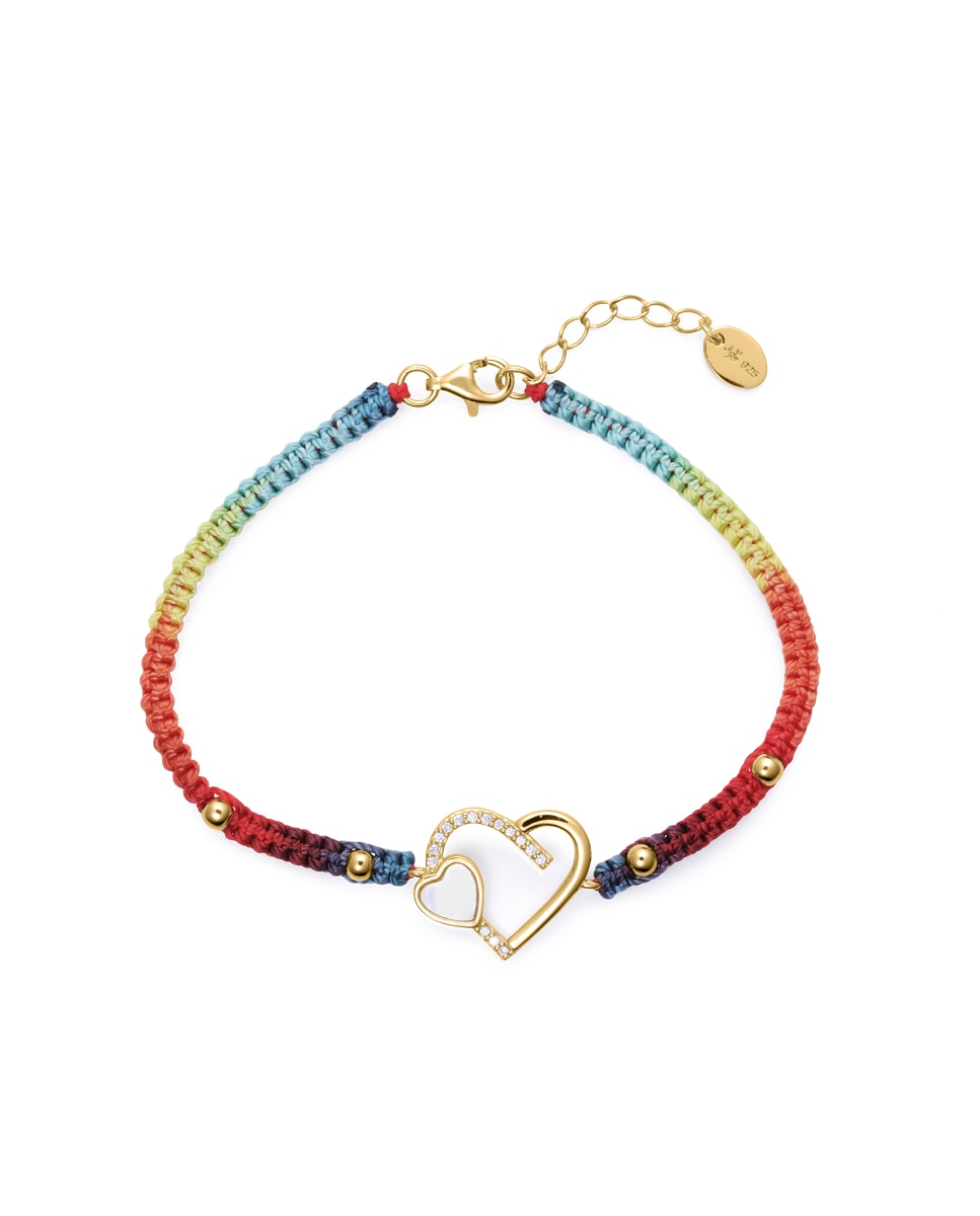 Pulseira de Prata de Primeira Lei com Banho de Ouro e Macramé de Cores Multicolor-1
