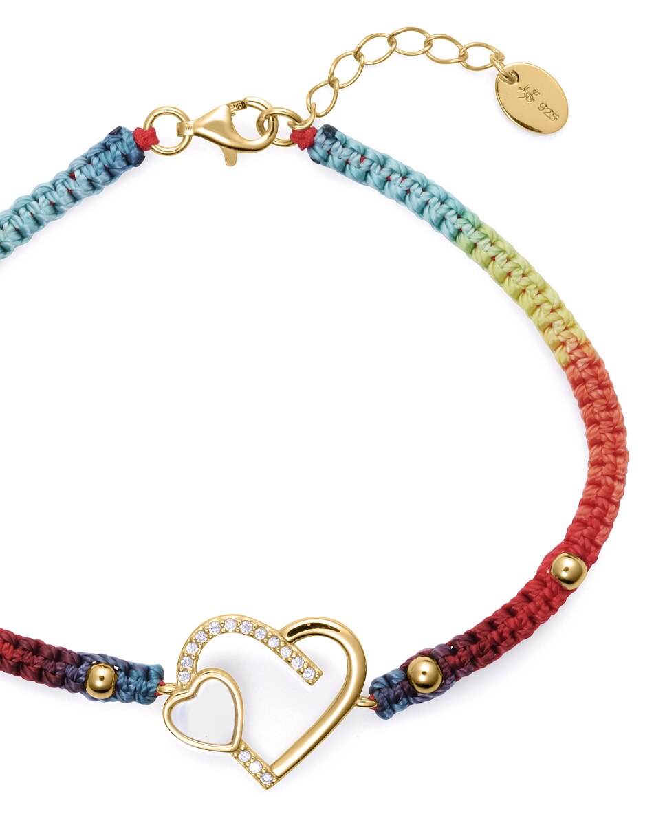 Pulseira de Prata de Primeira Lei com Banho de Ouro e Macramé de Cores Multicolor-2