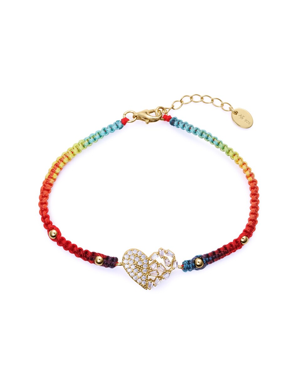 Pulseira de Prata de Primeira Lei com Banho de Ouro e Macramé de Cores Multicolor-1