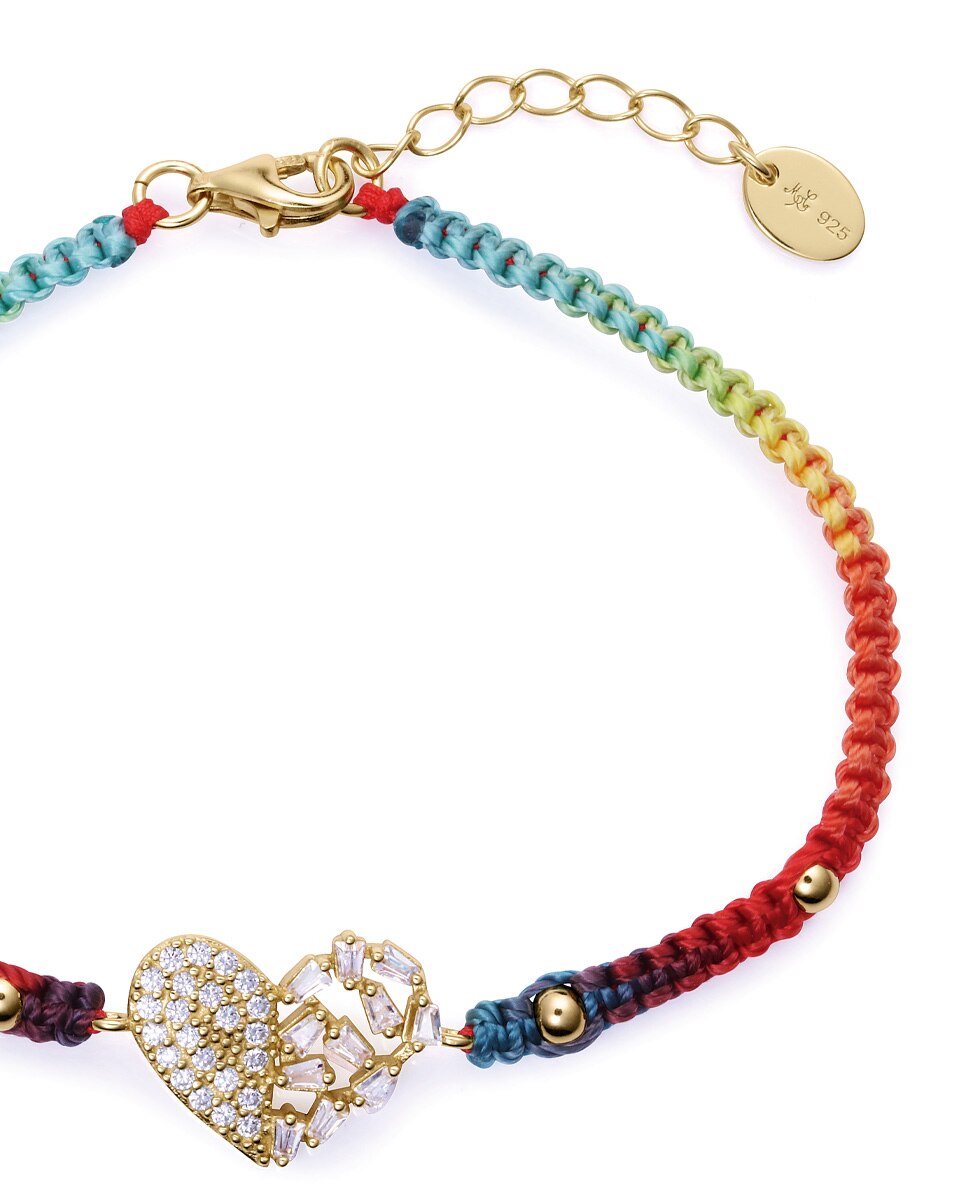 Pulseira de Prata de Primeira Lei com Banho de Ouro e Macramé de Cores Multicolor-2