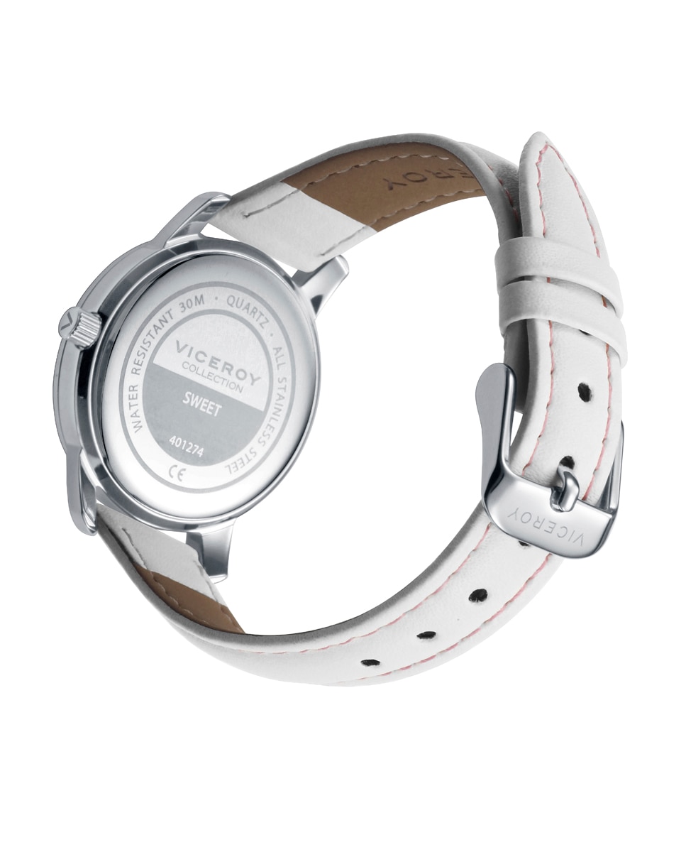 Relógio Infantil Caixa de Aço com Bracelete de Pele Branca e Pulseira de Oferta Prata / Rosa-2
