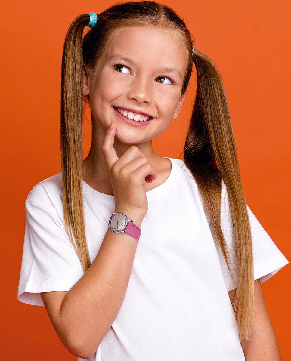 Relógio Infantil Caixa de Aço com Bracelete de Pele Rosa e Pulseira de Oferta Rosa-3