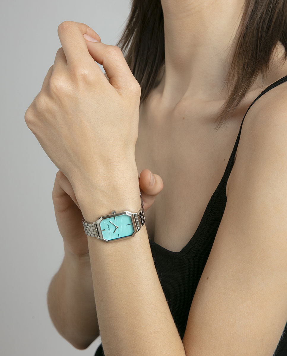 Relógio Analógico com Caixa e Bracelete de Aço Azul-claro-3