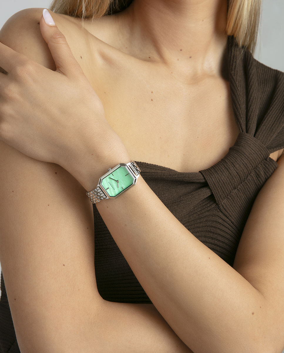 Relógio Analógico com Caixa e Bracelete de Aço Verde-claro-3
