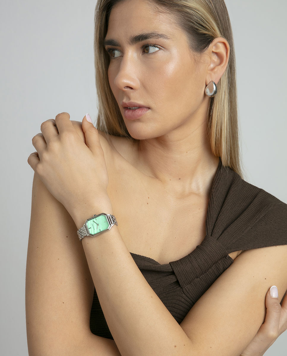 Relógio Analógico com Caixa e Bracelete de Aço Verde-claro-4